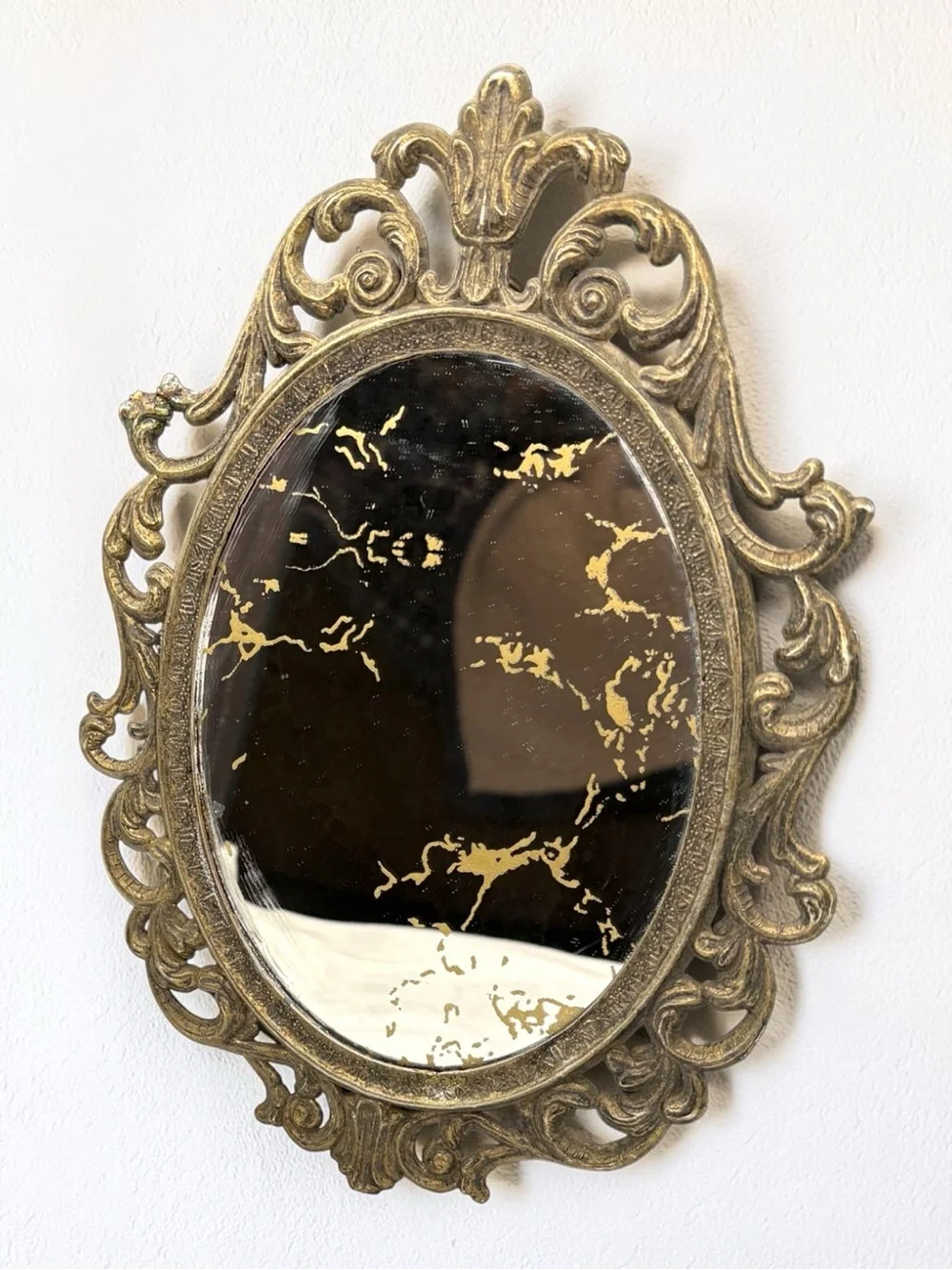 Vintage 60s Italian Regency Style Metal Ornate Oval Frame Wall Mirror 10” Vanity
